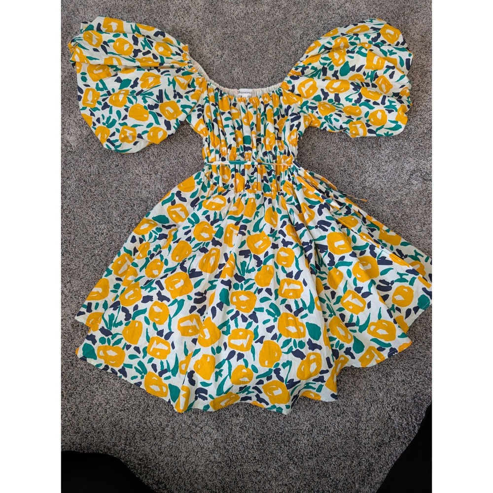 &merci Yellow Floral Puff Sleeve Mini Dress Smocked Waist Tulle Lining Size M